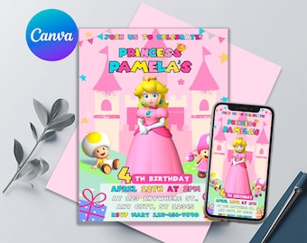 Princess Peach Birthday Invitation | Cute Princess Peach Birthday Invite | Editable & Printable Mario Bros Template | Easy to Edit in Canva
