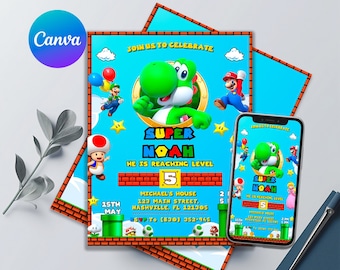 Invitación de cumpleaños de Yoshi / Plantilla imprimible y editable de Canva / Invitación digital para fiesta infantil / Descarga instantánea