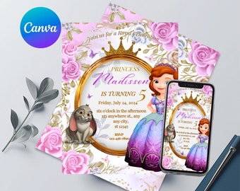 May include: A printable invitation for a princess-themed birthday party. The invitation features a cartoon princess in a purple and blue dress, a bunny rabbit, and a gold crown. The text on the invitation reads "Princess Madisson is turning 5".