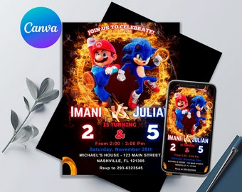 Mario And Sonic Birthday Invitation | Awesome! Sibling Birthday Invite | Printable & Editable Template | Double Birthday Invites | Canva