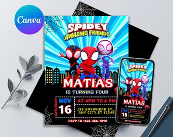 Invitación de cumpleaños de Spidey y sus increíbles amigos / Diseño divertido para fiesta infantil / Editable e imprimible / Fácil de personalizar con Canva