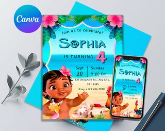 Invitación de cumpleaños de Moana / Invitación de cumpleaños imprimible y editable / Linda invitación digital de Moana para niñas / Plantilla Canva / Cumpleaños de niños