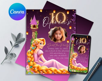 May include: Purple invitation with a gold glitter 10 and the name Olivia's. The invitation features a cartoon image of Rapunzel from the Disney movie Tangled. The invitation is for a Sweet Sixteen party. The text on the invitation reads: Sweet Sixteen Party, Friday, July 24, 2024, six o'clock in the afternoon, 123 anywhere st., any city, st 12345, RSVP 123-456-7890.