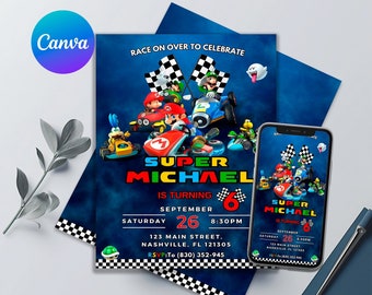 Mario Kart Birthday Invitation - Super Mario Kart Theme - Printable Editable Invitation Template - Boy's Party Invites - Canva Template