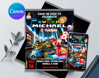 Mario Kart Birthday Invitation - Super Mario Kart Theme Party - Printable Editable Invitation Template -Boy's Party Invites - Canva Template