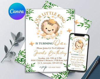 Wild One Birthday Invitation | Lion 1st Birthday Invite | Wild One Invitation Printable-Editable | Canva Template