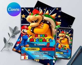 May include: A blue and red birthday invitation featuring a cartoon image of Super Mario and Bowser. The invitation says "Super Michael is turning 8" and includes the date, time, and location of the party.