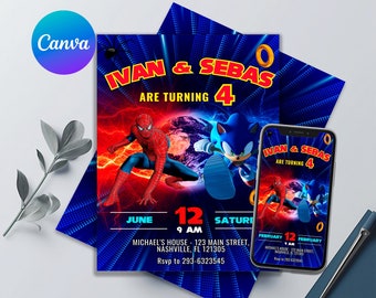 Spiderman And Sonic Birthday Invitation | Sibling Birthday Invite | Printable & Editable | Fun Design for Kids | Double Birthday Invites