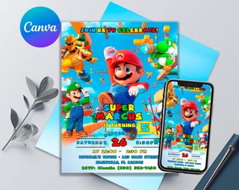 Super Mario Bros Birthday Invitation - Printable Editable Party Invite, Mario Bros Party Theme, Canva Template, Instant Download