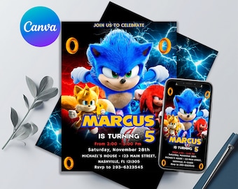 Sonic Birthday Invitation, Awesome! Sonic The Hedgehog Party, Kids Invites, Printable Editable Template, Canva Template, Size 5x7 Inches