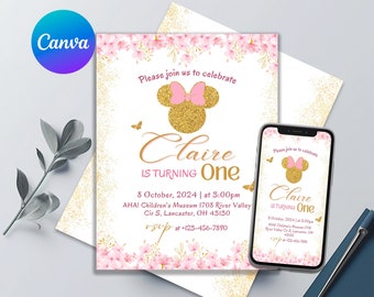 Minnie 1st Birthday Invitation - Editable & Printable, Girl Design, Canva Template, Instant Download