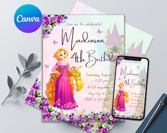 Rapunzel from Tangled Birthday Invitation | Rapunzel Birthday Invites | Printable Editable Invitation | Canva Template | Easy to Edit