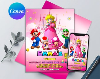 Princess Peach Birthday Invitation | Princess Mario Bros Party Invite | Editable Printable Invitation |Thank You Card Free | Cupcake Toppers