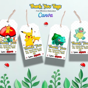 Druckbare Pokemon Geschenkanhänger - süsse Dankeschön Tags - Pokemon Geschenkanhänger - Canva Vorlage - Sofort Download