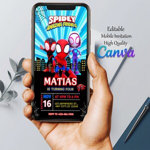 May include: A black and red mobile phone invitation for a birthday party. The invitation features a cartoon image of Spider-Man and his friends. The text on the invitation reads "Spidey & Amazing Friends", "Matias is turning four", "Saturday Nov 16 at 4pm to 6pm", "123 Anywhere St., Any City, ST 12345", and "RSVP to +123-456-7890".