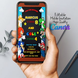 May include: A mobile phone screen displaying a birthday invitation for Marcus turning 8 and Cole turning 4. The invitation features characters from the video games Sonic the Hedgehog and Super Mario Bros. The invitation is decorated with a black chalkboard background and red, blue, and green accents. The text on the invitation reads "You are invited", "Marcus is turning 8", "and Cole is turning 4", "May 06, 2023", "3:00 PM", "Saturday", "123 Anywhere St., Any City", "RSVP: 123-456-7890".
