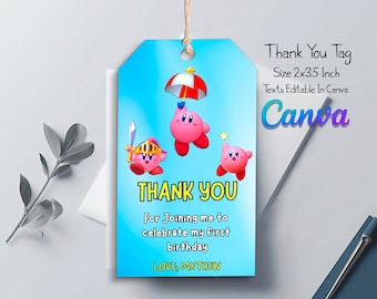 DRUCKBARE Kirby Dankeschön Tag Vorlage, Kirby Geburtstag Favor Tags, tolle druckbare Tags, Geschenkanhänger, Party Favor Tags | Bearbeitbar in Canva
