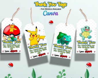 Printable Pokemon Favor Tags - Cute Thank you Tags - Pokemon Gift Tag- Size 2x3.5 Inches - Canva Template - Instant Download