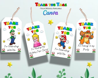Etiquetas de favor de Super Mario Bros imprimibles - Etiquetas lindas de agradecimiento - Etiqueta de regalo de Mario Brothers- Tamaño 2x3.5 pulgadas - Plantilla Canva - Descarga instantánea