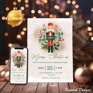 Könnte beinhalten: Eine Weihnachtsparty-Einladung mit einem Aquarell-Nussknacker-Design. Die Einladung enthält den Text "Merry Christmas" und Veranstaltungsdetails. Ein Smartphone zeigt das gleiche Design. Die Einladung ist 12,7 x 17,8 cm groß.