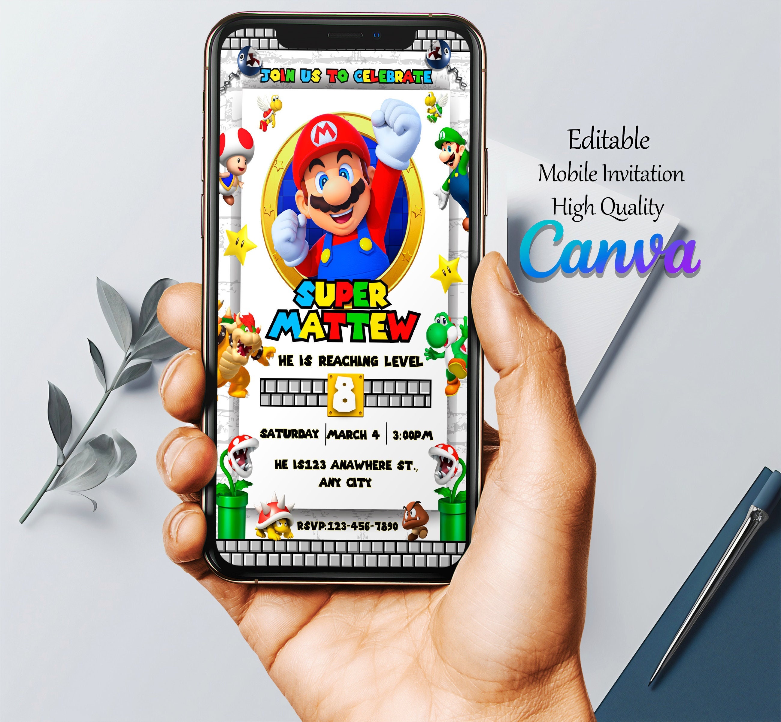Mario Bros Birthday Invitation, Super Mario Birthday Card, Super ...