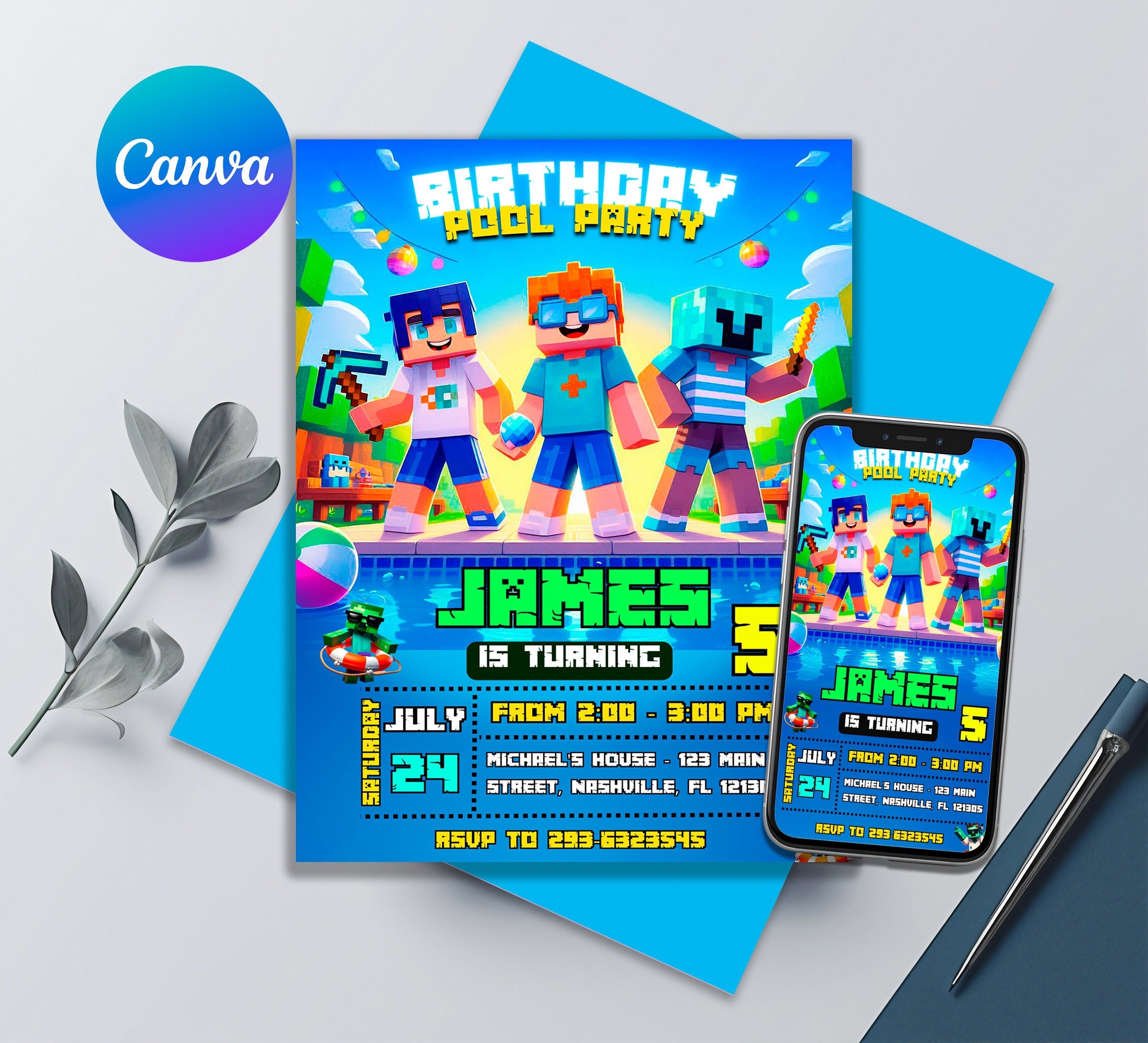Minecraft Pool Party Invite – Editable via Canva