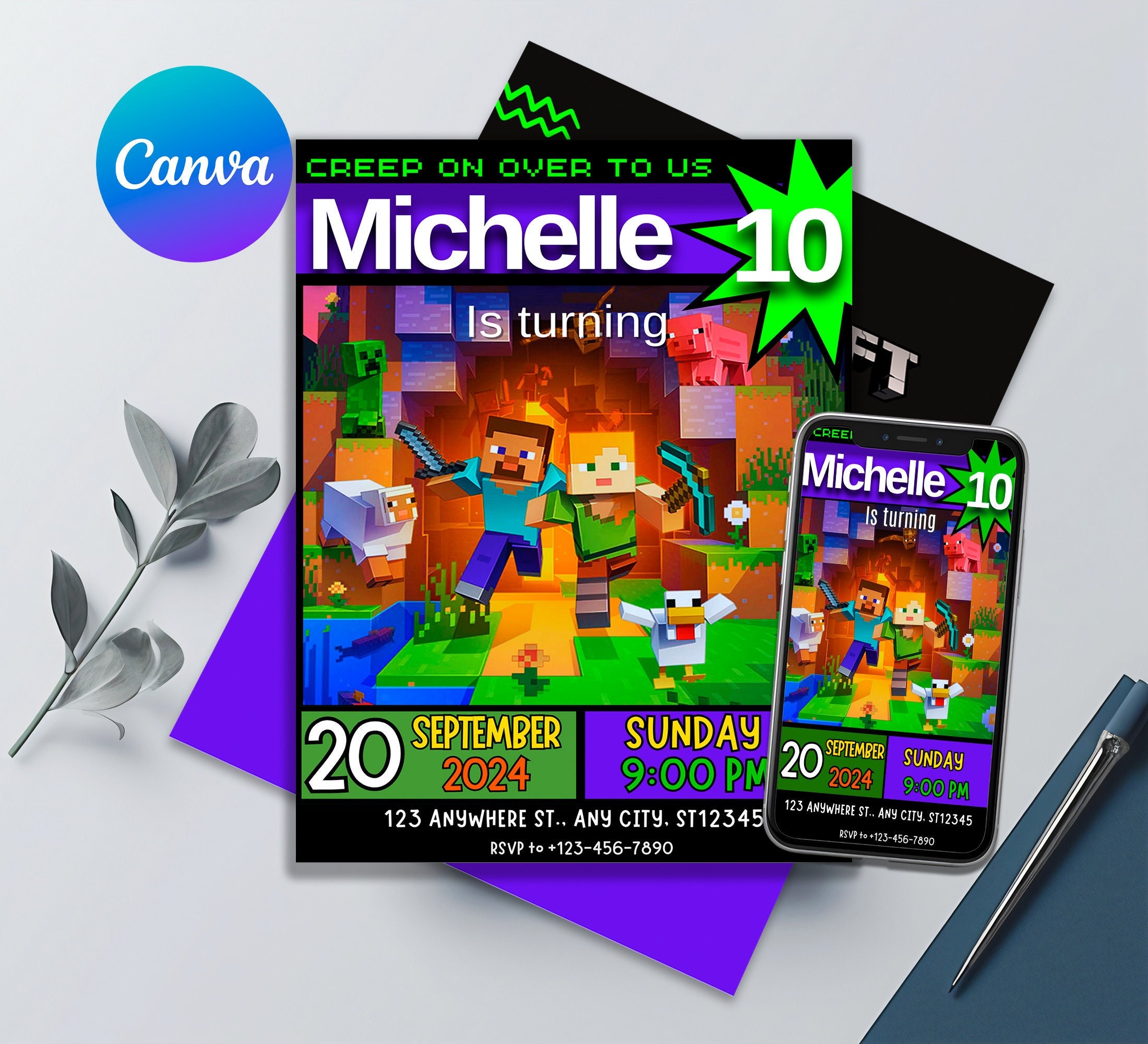 Minecraft Birthday Invitation Minecraft Birthday Party Invite Printable Editable Kids Invitation Birthday Invitation Kids