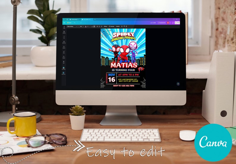 May include: A digital invitation for a birthday party featuring a cartoon image of Spider-Man and his friends. The invitation is for Matias's fourth birthday party and includes the date, time, and location of the event. The invitation is designed in a comic book style with a blue and red color scheme.