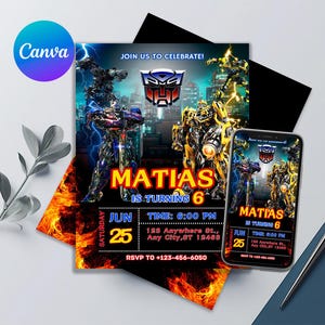 Transformers verjaardagsuitnodiging | Bewerkbaar en afdrukbaar | Awesome Transformers-feestuitnodiging | Premium-uitnodigingen bewerkbaar op canvas