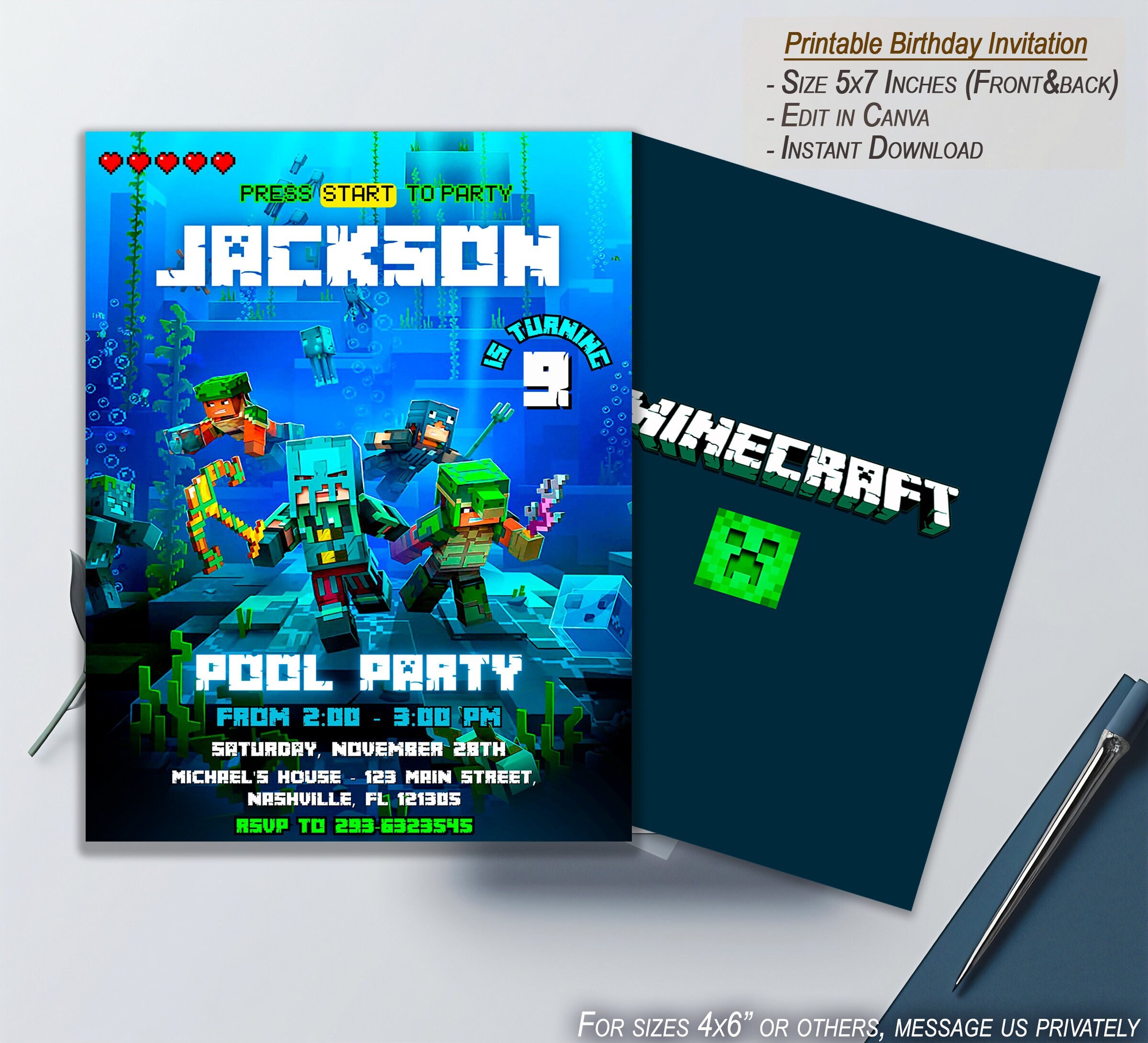 Minecraft Pool Party Invitation
