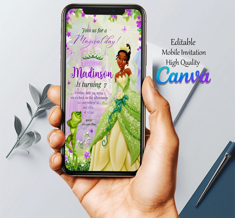 May include: A mobile phone screen displaying a digital invitation for a princess-themed birthday party. The invitation features a cartoon image of Princess Tiana from Disney's The Princess and the Frog, along with a frog, flowers, and butterflies. The text on the invitation reads "Join us for a Magical day! Princess Madinson is turning 7. Friday, July 24, 2024, six o'clock in the afternoon, 123 anywhere st, any city, st 12345. RSVP 123-456-7890."