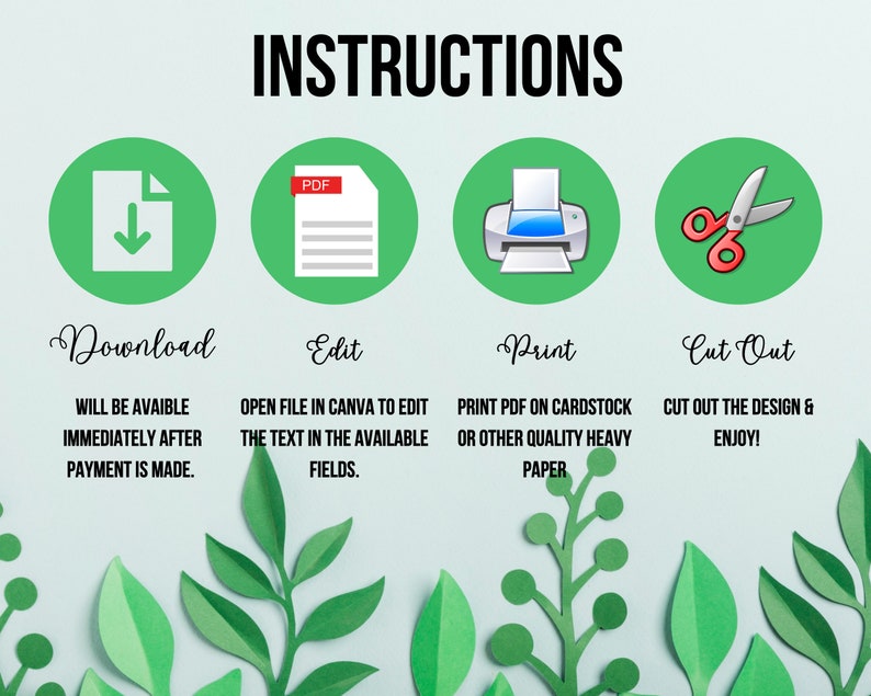 May include: Green and white instructions for a printable craft project. The instructions include four steps: download, edit, print, and cut out. The steps are illustrated with icons of a download arrow, a PDF document, a printer, and scissors.