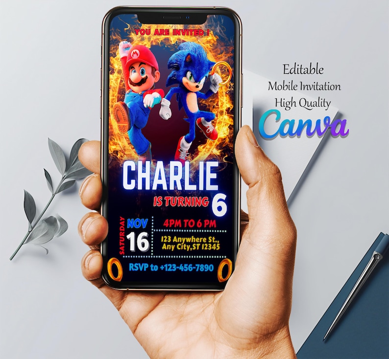 Mario and Sonic Birthday Invitation | Sonic-Mario Birthday Party Invite | Printable-Editable Birthday Invite| Free Favor Tags| Birthday image 4
