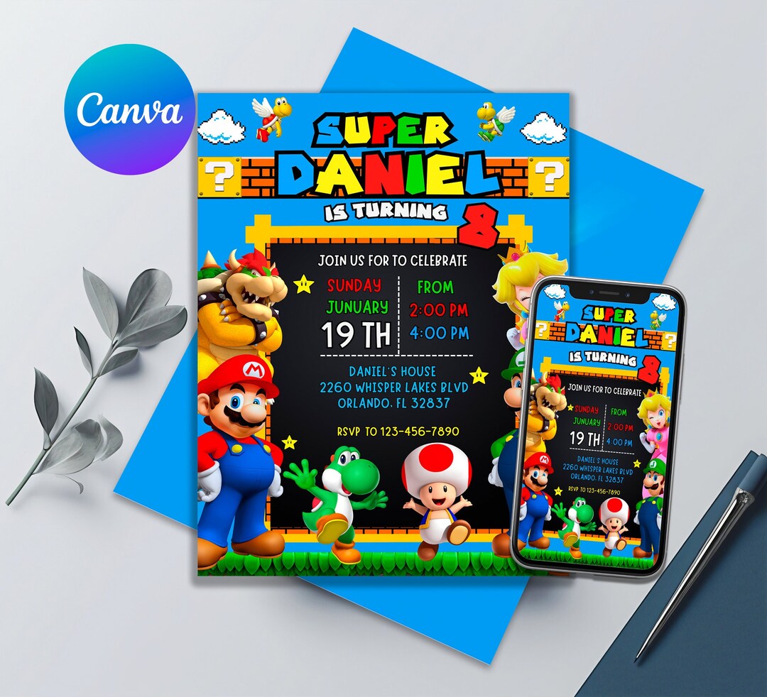Mario Bros Birthday Invitation, Super Mario Bros Invitation , Printable Editable Template, Super ...