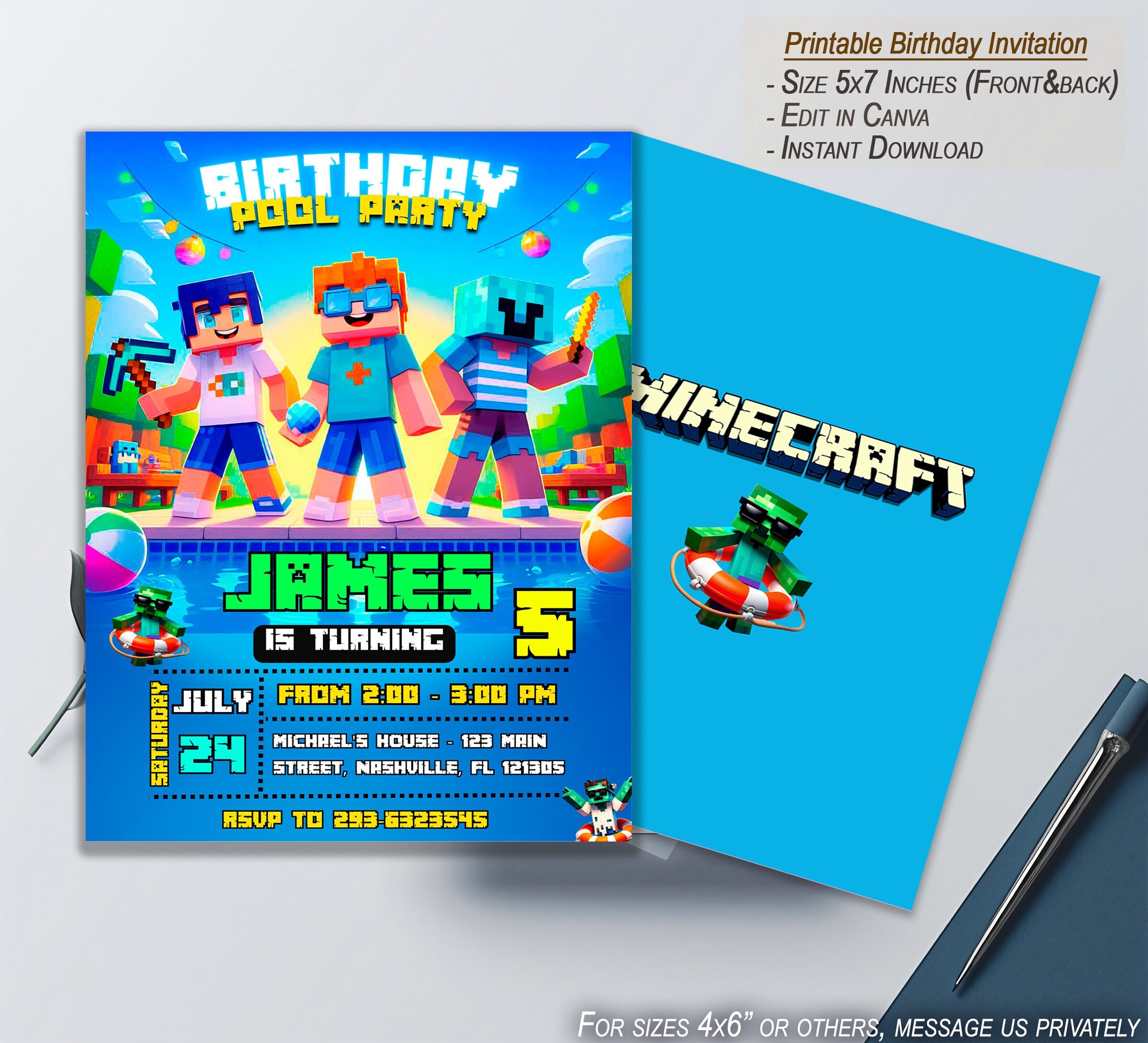Minecraft Pool Party Invite – Editable via Canva