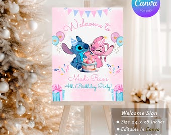 Editable Welcome Sign Stitch & Angel | Kids Birthday Decor | Printable Download