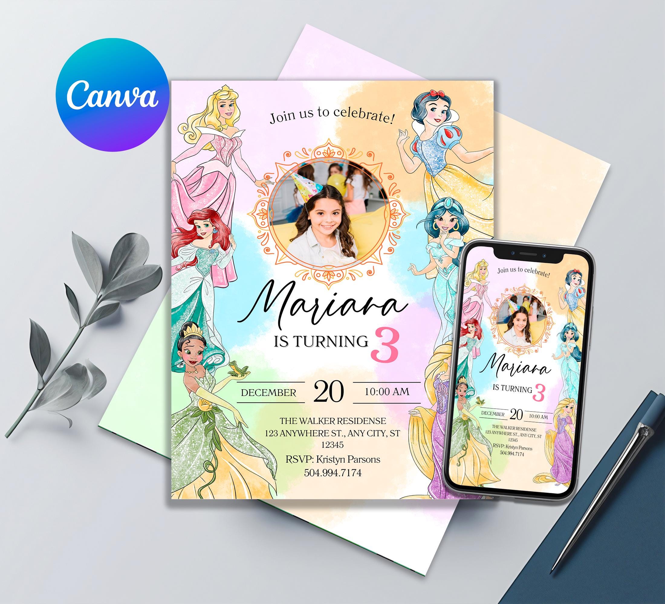 Editable Princess Birthday Invitation with Photo | Custom Digital Party Invite for Girls | Canva Template | Add your child's photo! | Buy :)