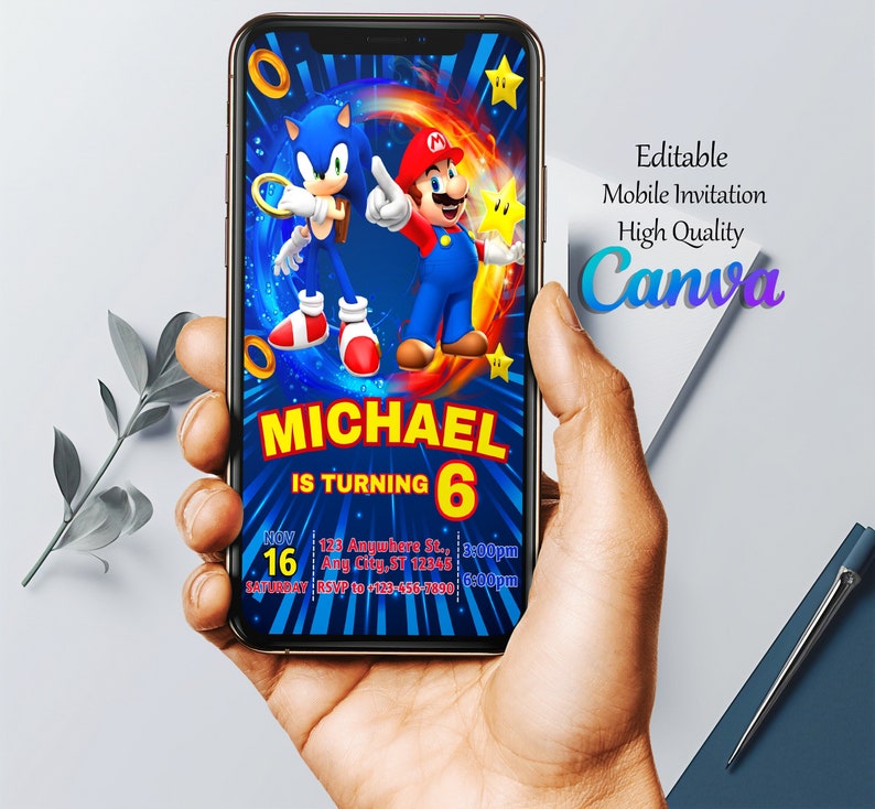 May include: A mobile phone screen displaying a birthday invitation for a child named Michael turning six. The invitation features a blue and red background with cartoon characters Sonic the Hedgehog and Mario. The text "MICHAEL IS TURNING 6" is in yellow letters. The invitation includes the date, time, and location of the party.