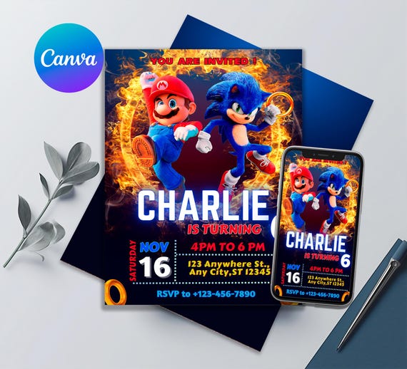 Mario and Sonic Birthday Invitation | Sonic-Mario Birthday Party Invite | Printable-Editable Birthday Invite| Free Favor Tags| Birthday