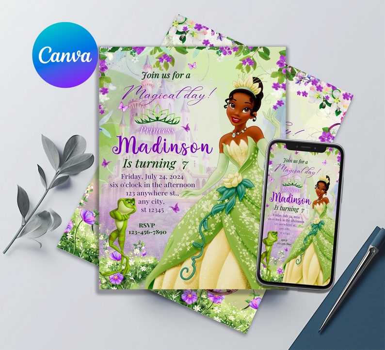 May include: A green and purple birthday invitation with a princess character from Disney's The Princess and the Frog. The invitation reads "Join us for a Magical Day! Princess Madinson is turning 7. Friday, July 24, 2024, six o'clock in the afternoon, 123 anywhere st., any city, sl 12345. RSVP 123-456-7890".
