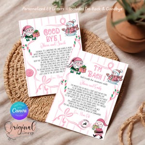 Puede incluir: Dos cartas de duendes personalizadas con bordes a rayas rosas y blancas. Las cartas presentan ilustraciones de duendes y muñecos de nieve, con el texto "Good Bye!" y "I'm Back!" Las cartas están diseñadas para Navidad.