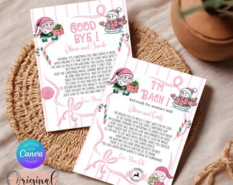 May include: Two personalized elf letters with pink and white striped borders. The letters feature illustrations of elves and snowmen, with text that reads "Good Bye!" and "I'm Back!" The letters are designed for Christmas.