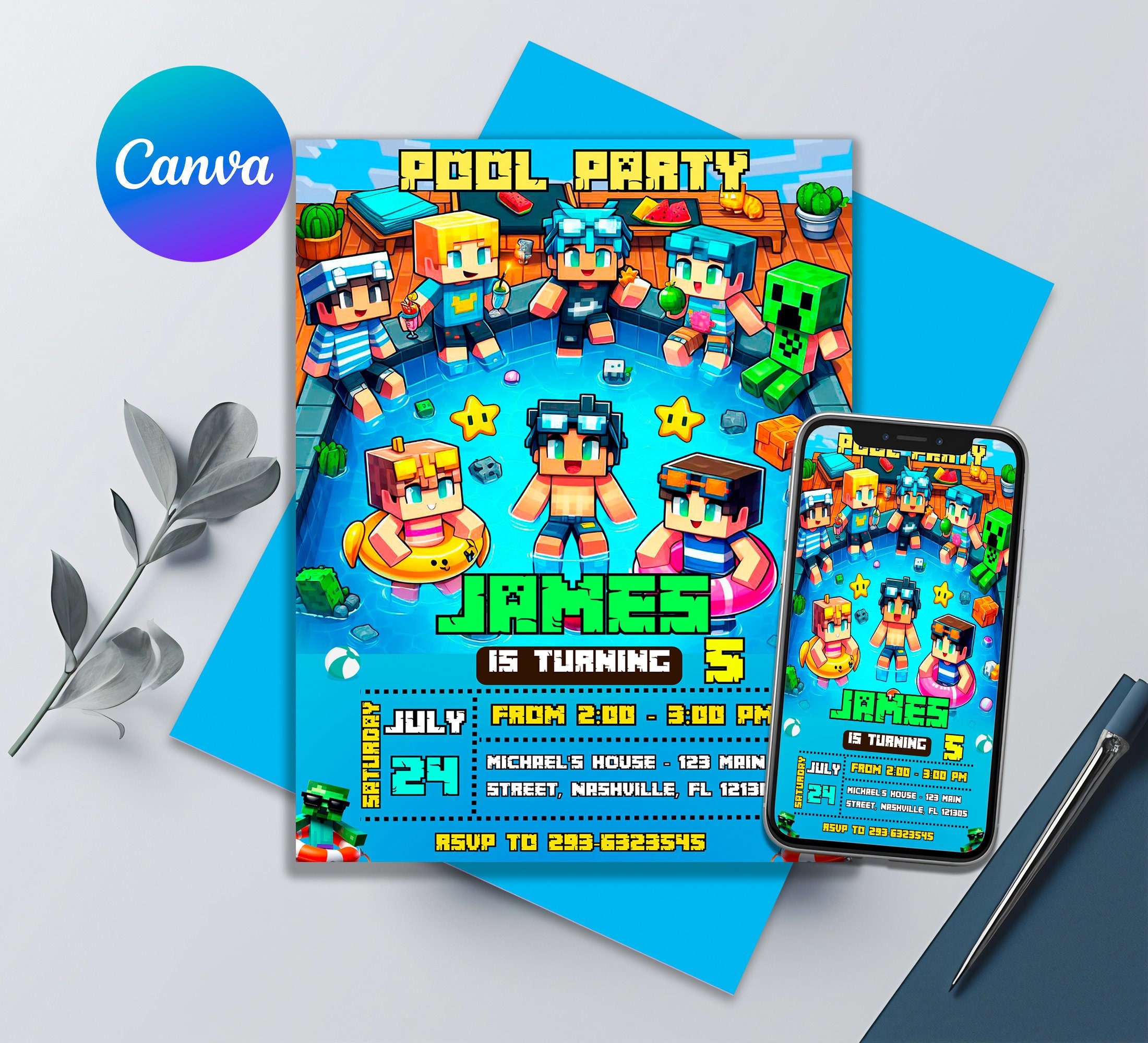 Minecraft Pool Party Evite