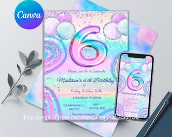 6th Birthday Invitation | Editable & Printable | 6th Beautiful Invitation for Girls | Digital Invitations | Edit in Canva | Buy Now!
