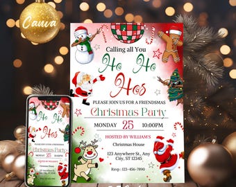 Op de afbeelding: Een uitnodiging voor een kerstfeest met de tekst "Ho Ho Hos" en feestelijke illustraties. De uitnodiging bevat details voor een kerstfeest op maandag de 25e om 22:00 uur. De uitnodiging is 12,7 x 17,8 cm groot.