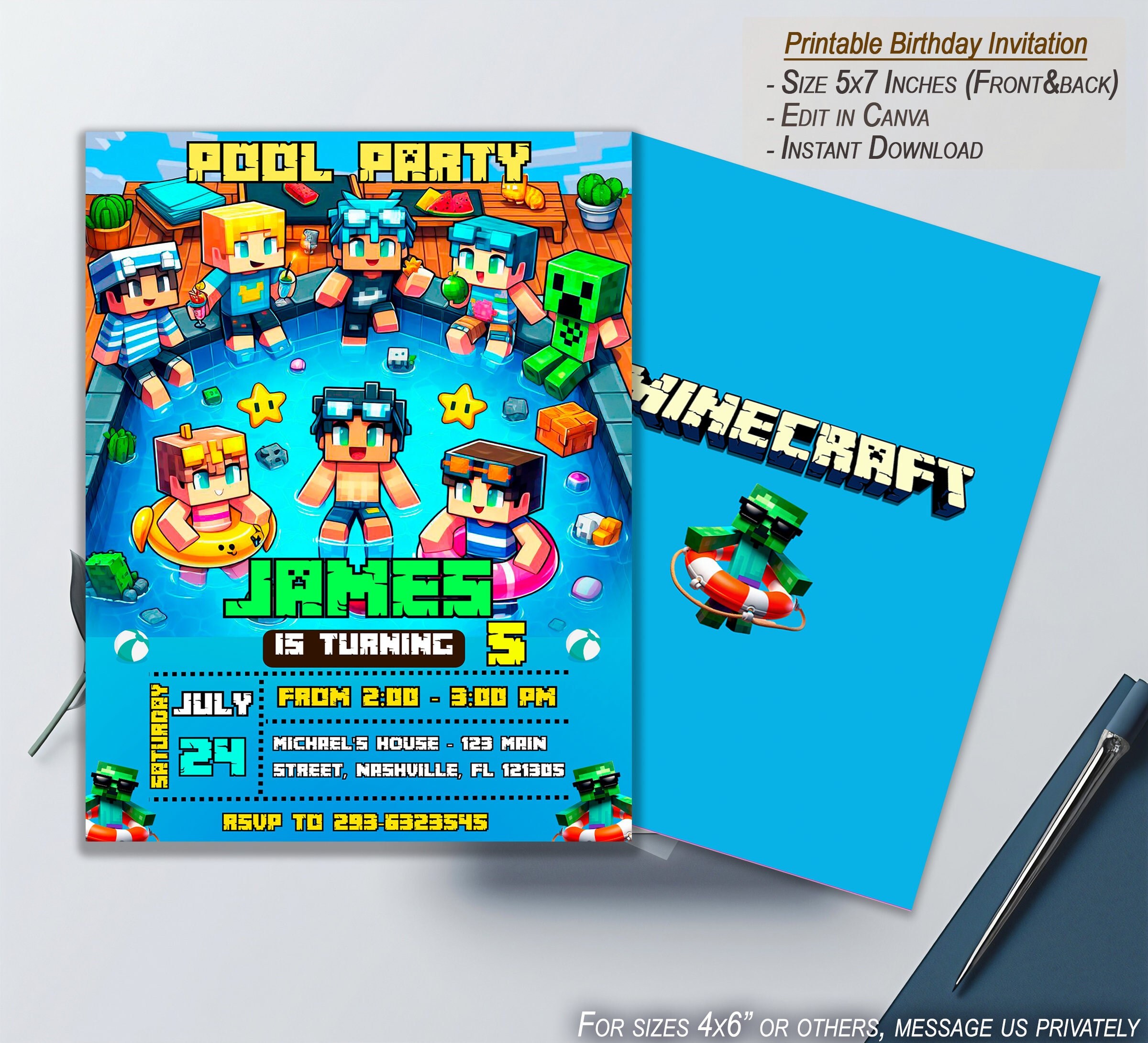 Minecraft Pool Party Evite