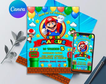 Super Mario Bros Birthday Invitation | Printable Editable Canva Template | Digital Kids Party Invite | Instant Download