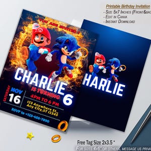 Mario and Sonic Birthday Invitation | Sonic-Mario Birthday Party Invite | Printable-Editable Birthday Invite| Free Favor Tags| Birthday image 2