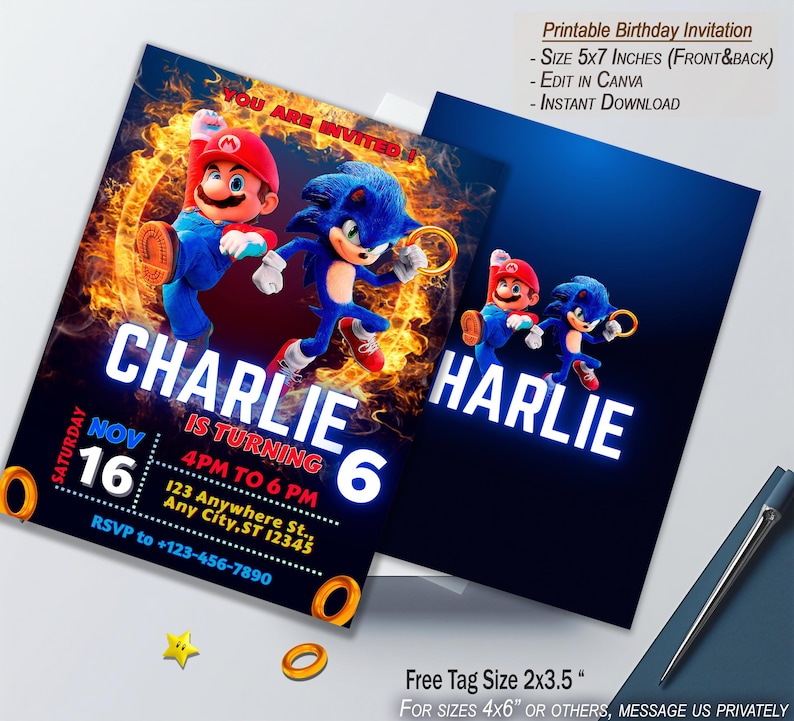 Mario and Sonic Birthday Invitation | Sonic-Mario Birthday Party Invite | Printable-Editable Birthday Invite| Free Favor Tags| Birthday image 2