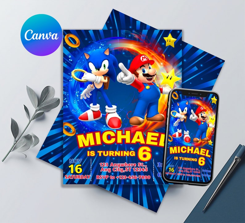 May include: A blue and red birthday invitation featuring the characters Sonic the Hedgehog and Super Mario. The invitation says "Michael is turning 6" and includes the date, time, and location of the party.
